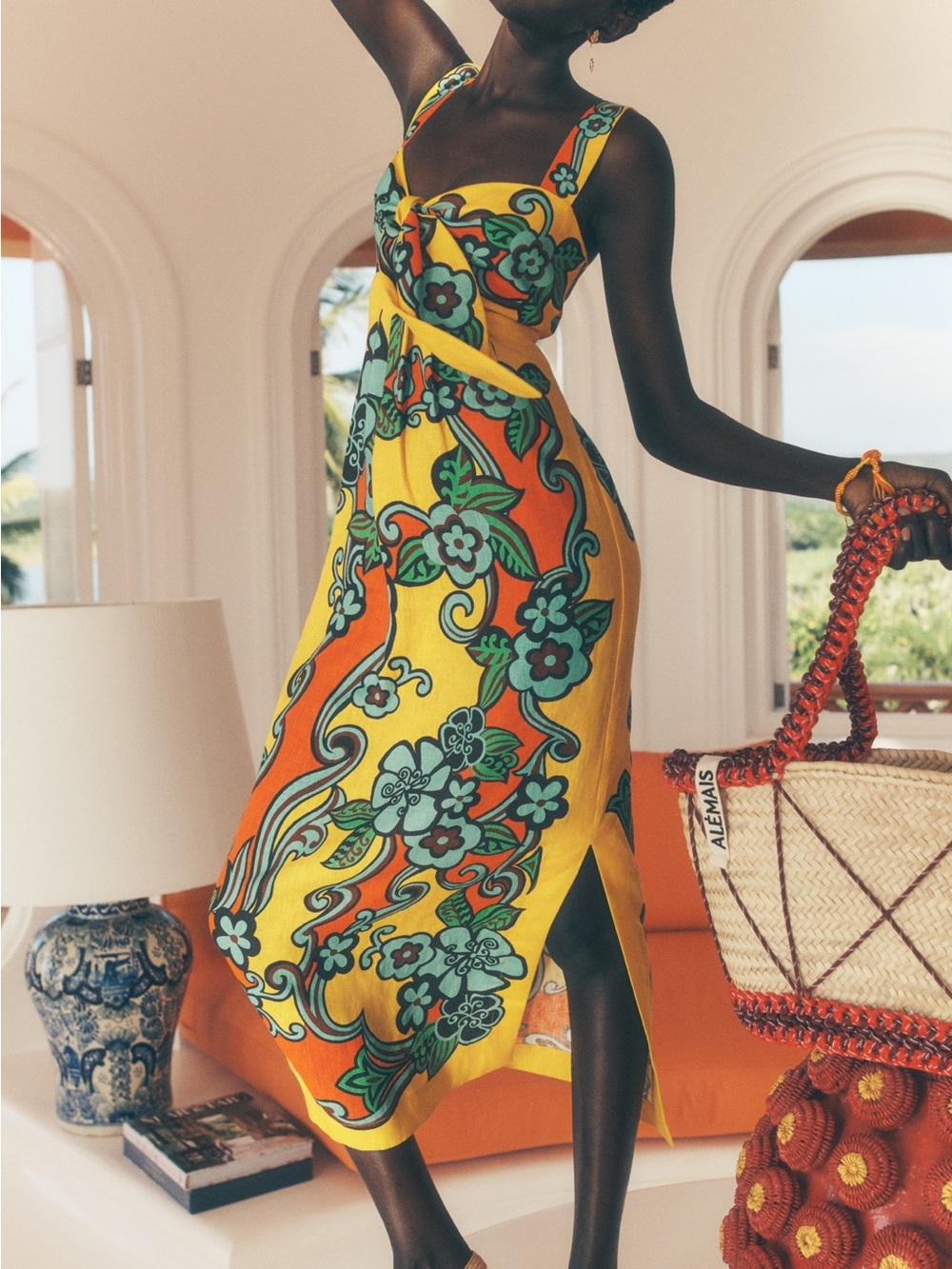 Alemais Yellow Orange Floral Twist-Front Midi Dress